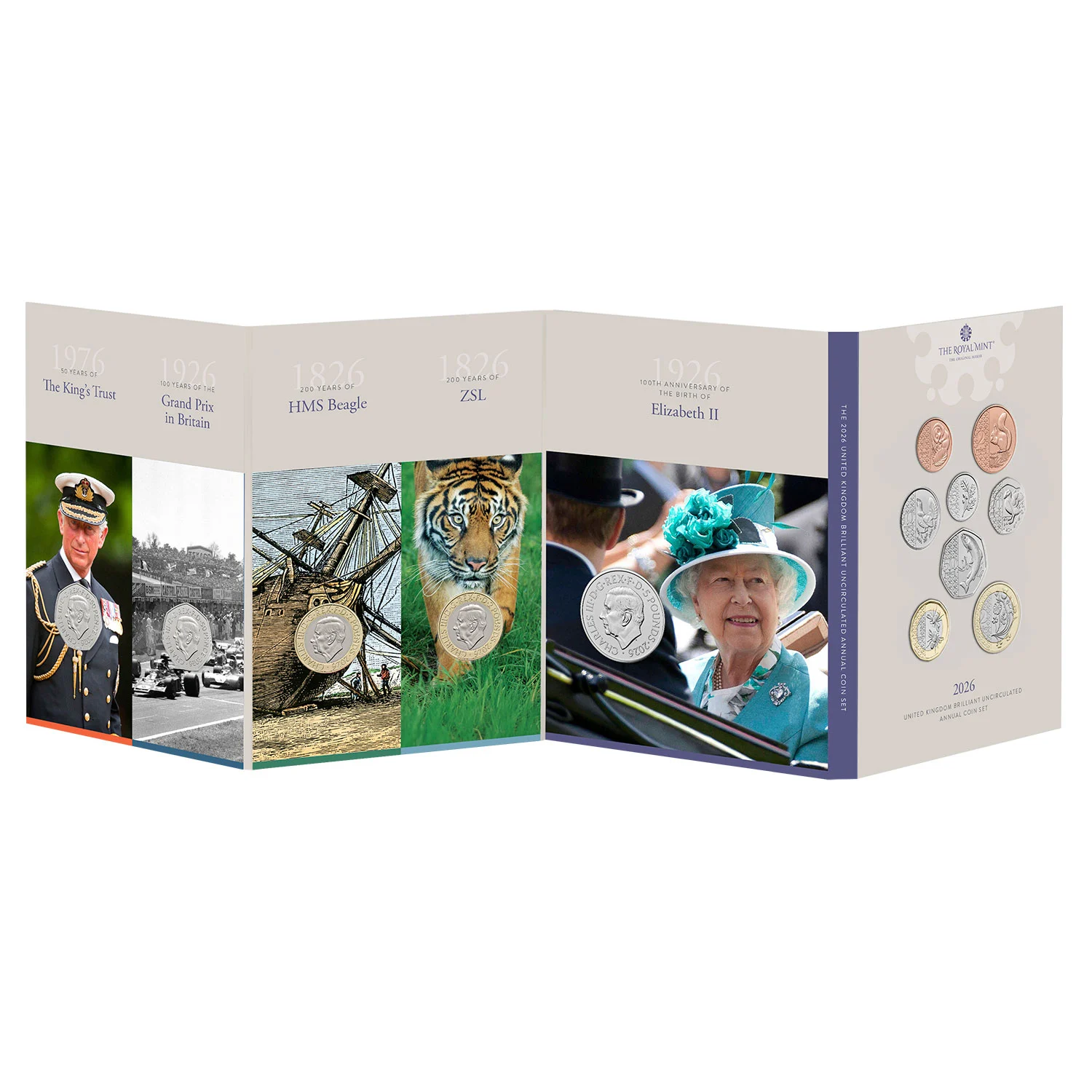 2026 Brilliant Uncirculated Annual Coin Set - 13 coins including Queen Elizabeth II, HMS Beagle, ZSL, British Grand Prix and King's Trust