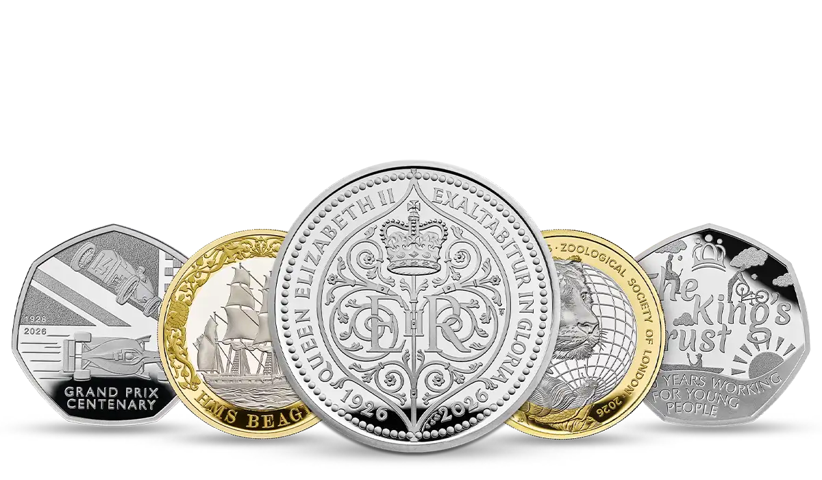 2026 UK Annual Coin Sets featuring Queen Elizabeth II, HMS Beagle, ZSL, British Grand Prix and King's Trust commemorative coins
